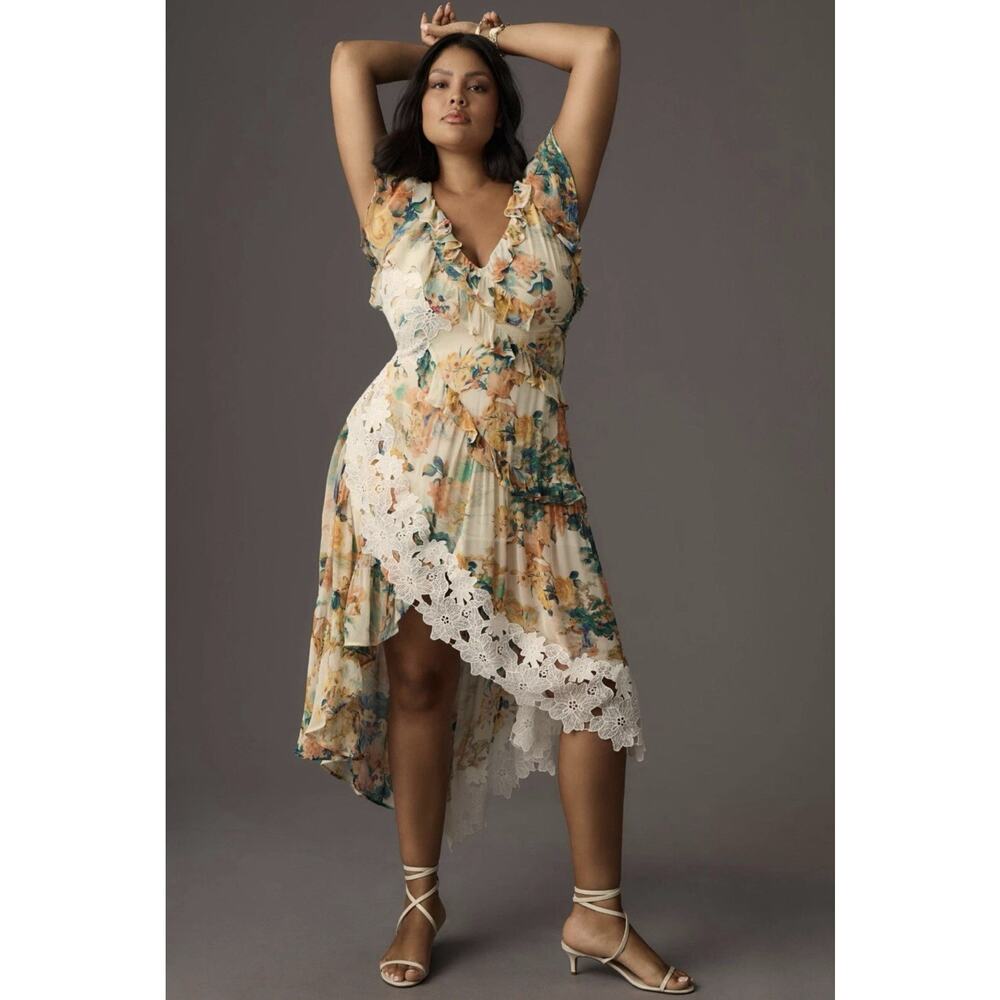 Anthropologie V-Neck Ruffle Lace Slip Dress Floral Size 10 NWT $258